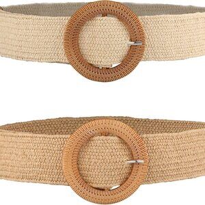 2-Piece Braided Straw Dress Belts with Wooden Buckle - Beach-Ready Wide Waist Be